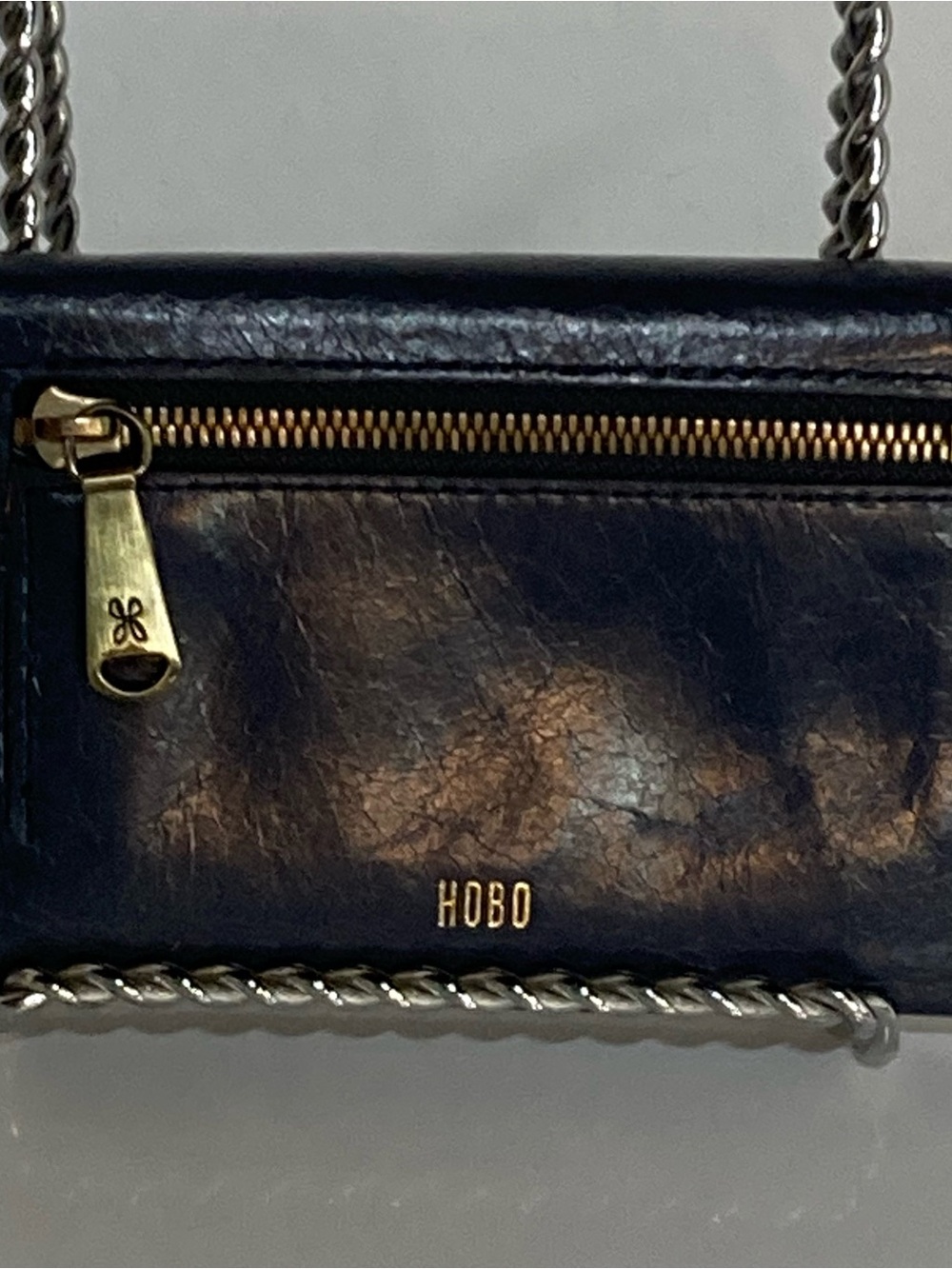 HOBO Gray/Blue Jill International Trifold Wallet zip, magnetic close leather